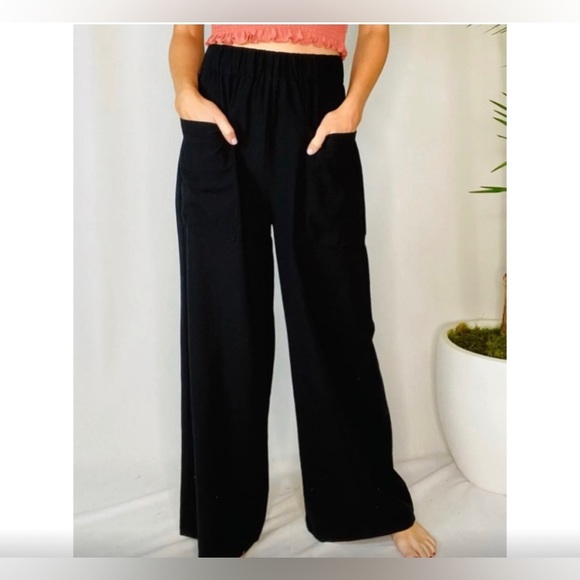 NWOT Black Palazzo Pants 100% Cotton Linen-feel Front Patch Pockets L - Picture 1 of 7